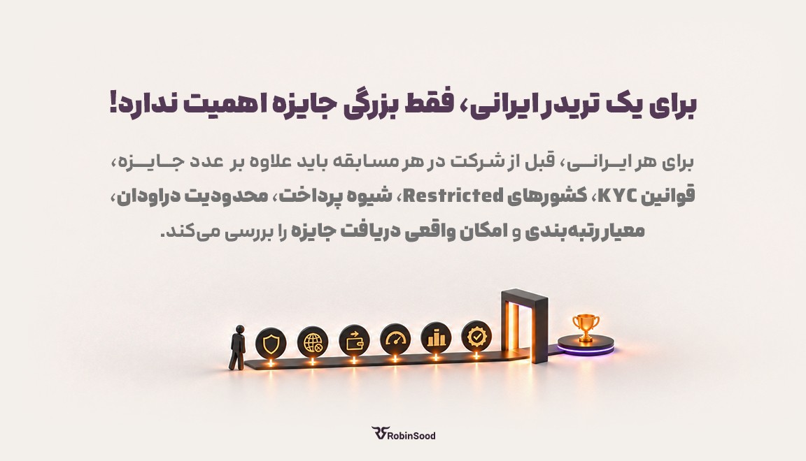 برای یک تریدر ایرانی، فقط بزرگی جایزه اهمیت ندارد. برای هر ایرانی، قبل از شرکت در هر مسابقه باید علاوه بر عدد جایزه، قوانین KYC، کشورهای Restricted، شیوه پرداخت، محدودیت دراودان، معیار رتبه‌بندی و امکان واقعی دریافت جایزه را بررسی می‌کند.
