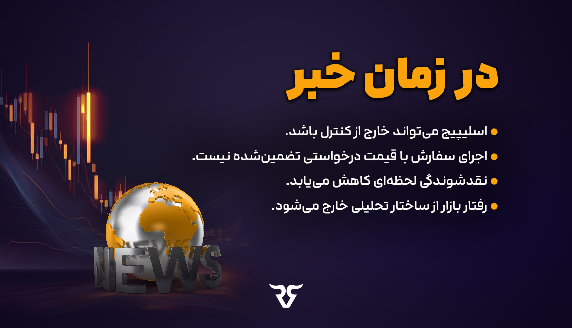 در زمان خبر:  •	اسلیپیج می‌تواند خارج از کنترل باشد.  •	اجرای سفارش با قیمت درخواستی تضمین‌شده نیست.  •	نقدشوندگی لحظه‌ای کاهش می‌یابد.  •	رفتار بازار از ساختار تحلیلی خارج می‌شود.  در چنین شرایطی، نتیجه معامله بیش از آنکه حاصل مهارت باشد، تابع نوسان غیرخطی بازار است. 