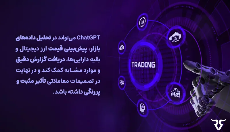 دست رباتیک و نمادهای دیجیتال با متن درباره کاربرد ChatGPT در تحلیل داده‌های بازار