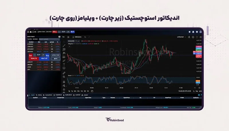 نمودار پلتفرم رابین‌سود با اندیکاتور استوکاستیک زیر چارت و ویلیامز روی چارت