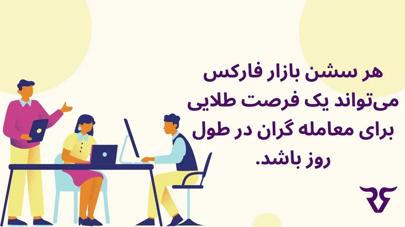 سه نفر پشت میز با لپ‌تاپ و متن «هر سشن بازار فارکس می‌تواند یک فرصت طلایی باشد»