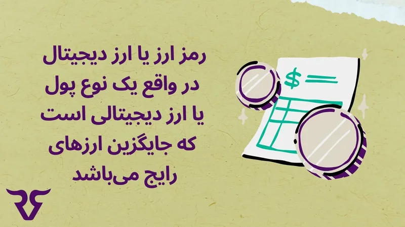 سکه و کاغذ با متن «رمز ارز در واقع یک نوع پول دیجیتالی است که جایگزین ارزهای رایج میباشد»