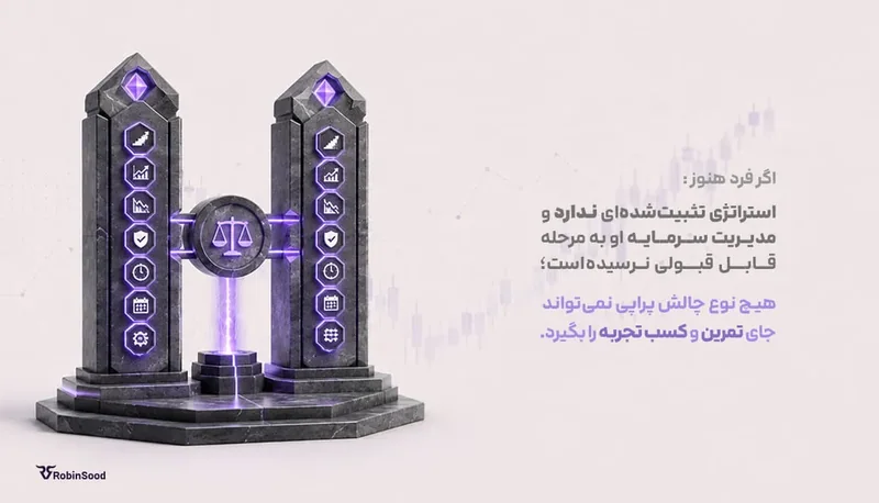 دو برج سنگی با ترازو و متن درباره استراتژی تثبیت‌شده و مدیریت سرمایه در انتخاب مراحل چالش