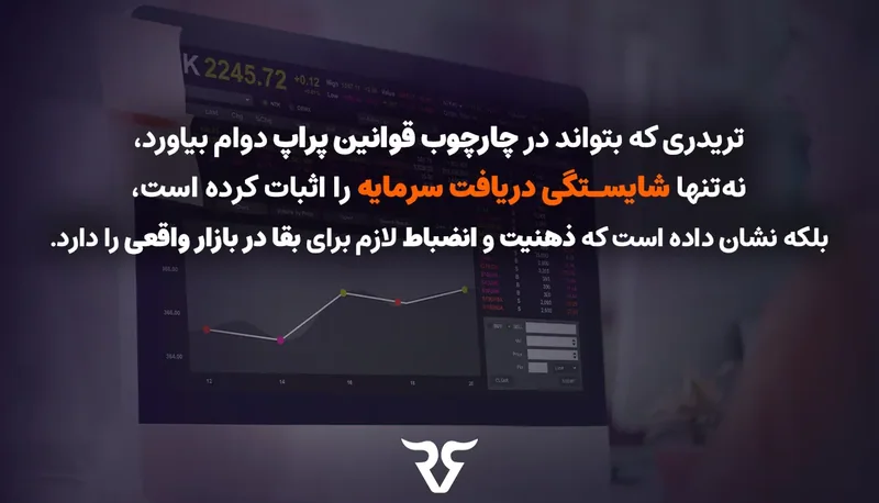 نمودار بنفش روی زمینه تیره با متن درباره اثبات شایستگی دریافت سرمایه با پایبندی به قوانین پراپ