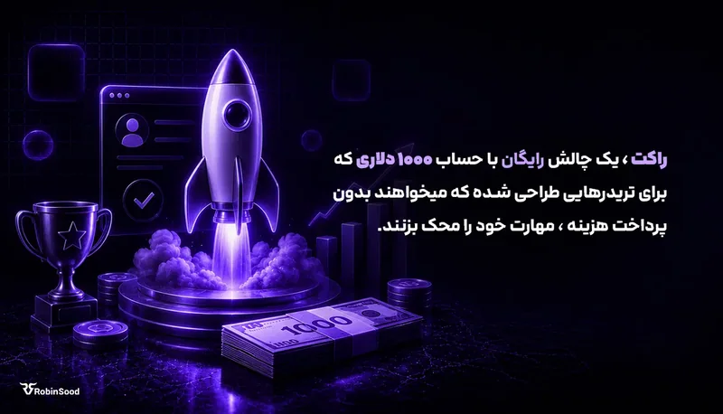موشک و جام روی سکه‌ها با متن «راکت، یک چالش رایگان با حساب ۱۰۰۰ دلاری»