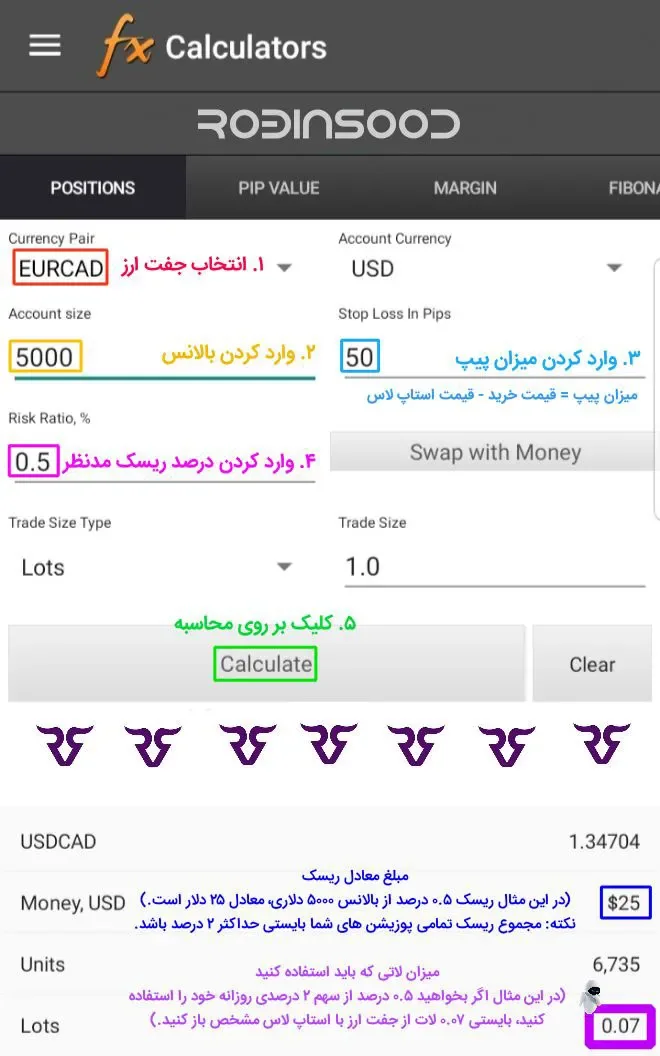 نمای ماشینحساب fx Calculators رابینسود با ورود جفتارز، بالانس و ریسک