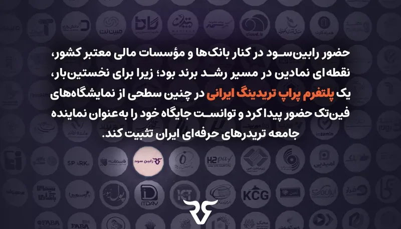 متن درباره حضور رابین‌سود کنار بانک‌ها و مؤسسات مالی در نمایشگاه روی زمینه لوگوها