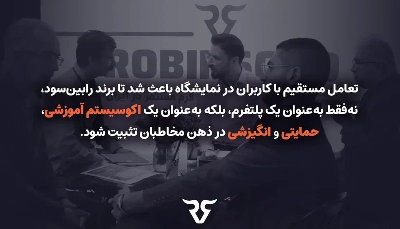 تصویر سیاه‌وسفید غرفه با متن درباره اکوسیستم آموزشی و حمایتی رابین‌سود در نمایشگاه