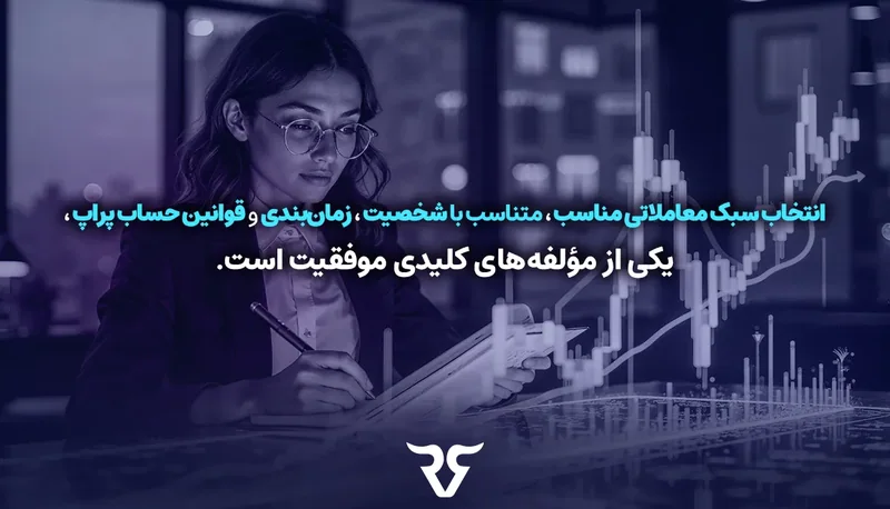 زن تریدر پشت لپتاپ با متن «انتخاب سبک معاملاتی مناسب با شخصیت، یکی از مؤلفههای کلیدی موفقیت است»